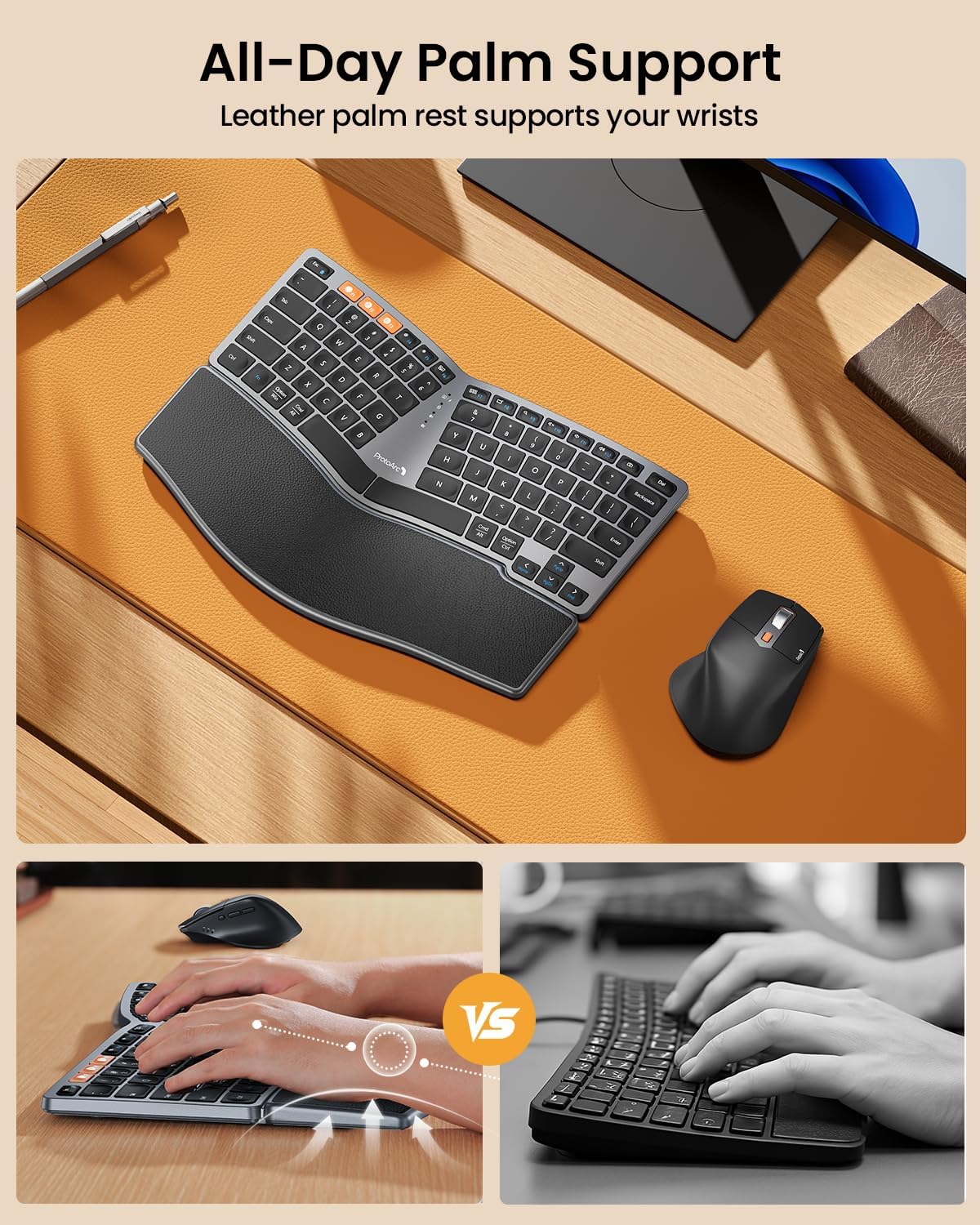 Bluetooth Ergonomic Keyboard Mouse, EKM04 Mini Compact Wireless Ergo Keyboard Mouse Combo, Split Design, Wrist Rest, Multi-Device, Rechargeable, Compatible with Windows/Mac/Android