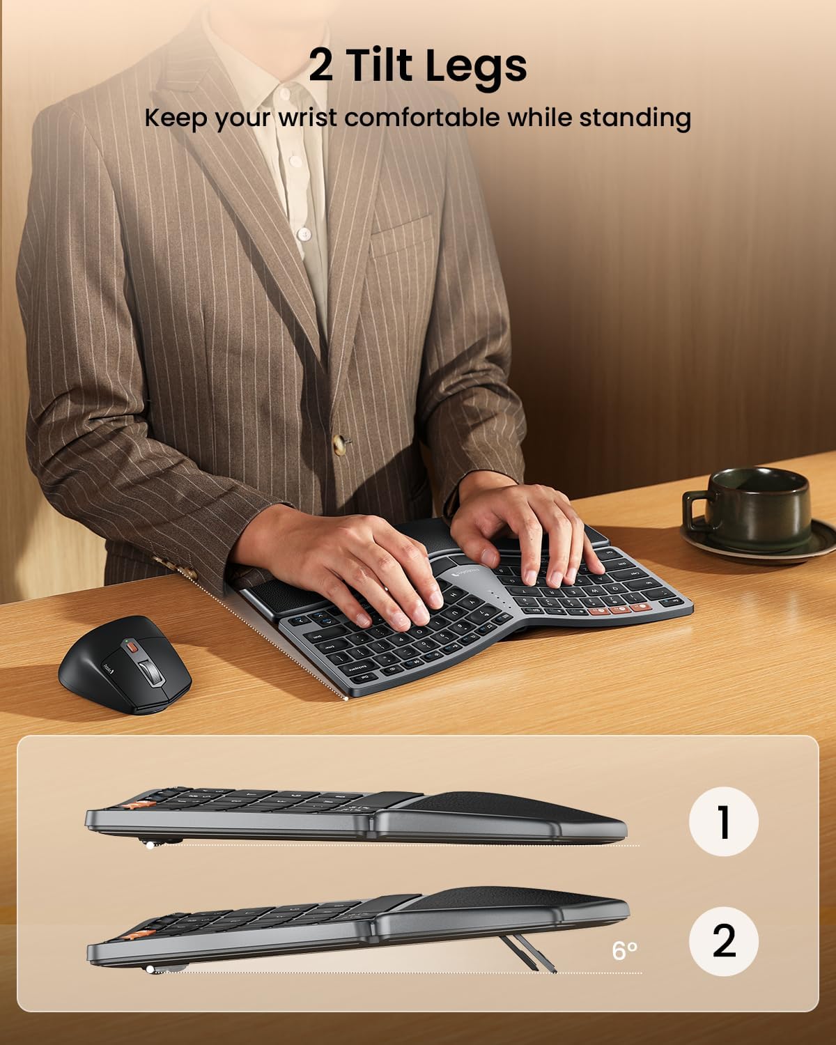 Bluetooth Ergonomic Keyboard Mouse, EKM04 Mini Compact Wireless Ergo Keyboard Mouse Combo, Split Design, Wrist Rest, Multi-Device, Rechargeable, Compatible with Windows/Mac/Android