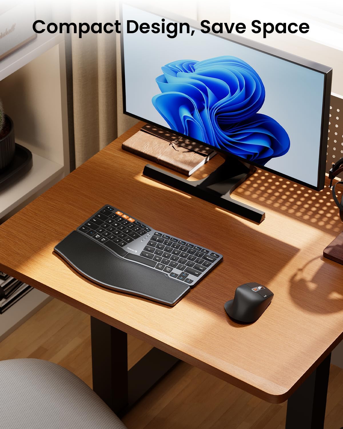 Bluetooth Ergonomic Keyboard Mouse, EKM04 Mini Compact Wireless Ergo Keyboard Mouse Combo, Split Design, Wrist Rest, Multi-Device, Rechargeable, Compatible with Windows/Mac/Android