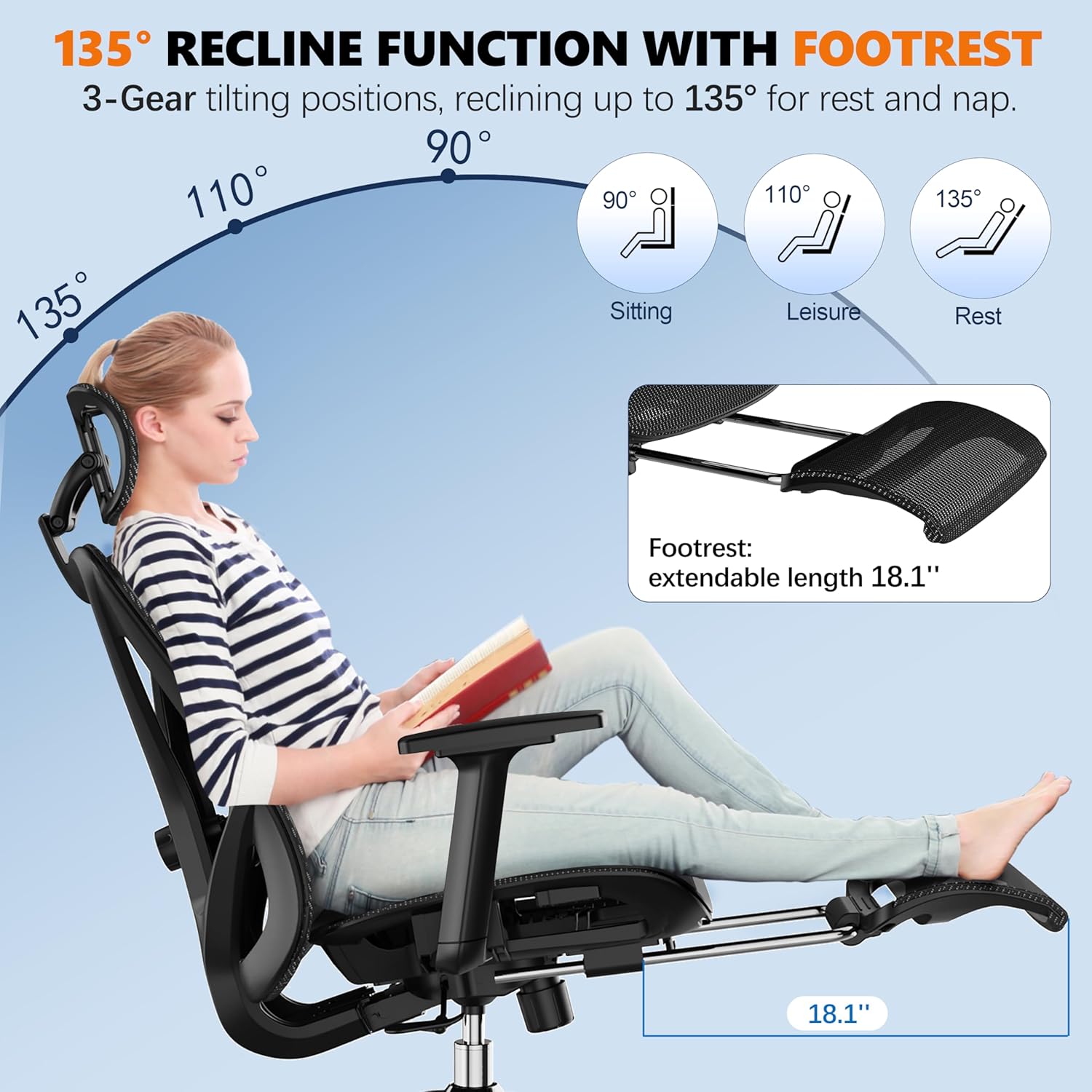 Ergonomic Office Chair with Adjustable Lumbar Support, 3D Armrests & Headrest, 135° Reclining Chair with Footrest & Large Steel Base,300LBS Swivel Desk Chair(GYMN01)