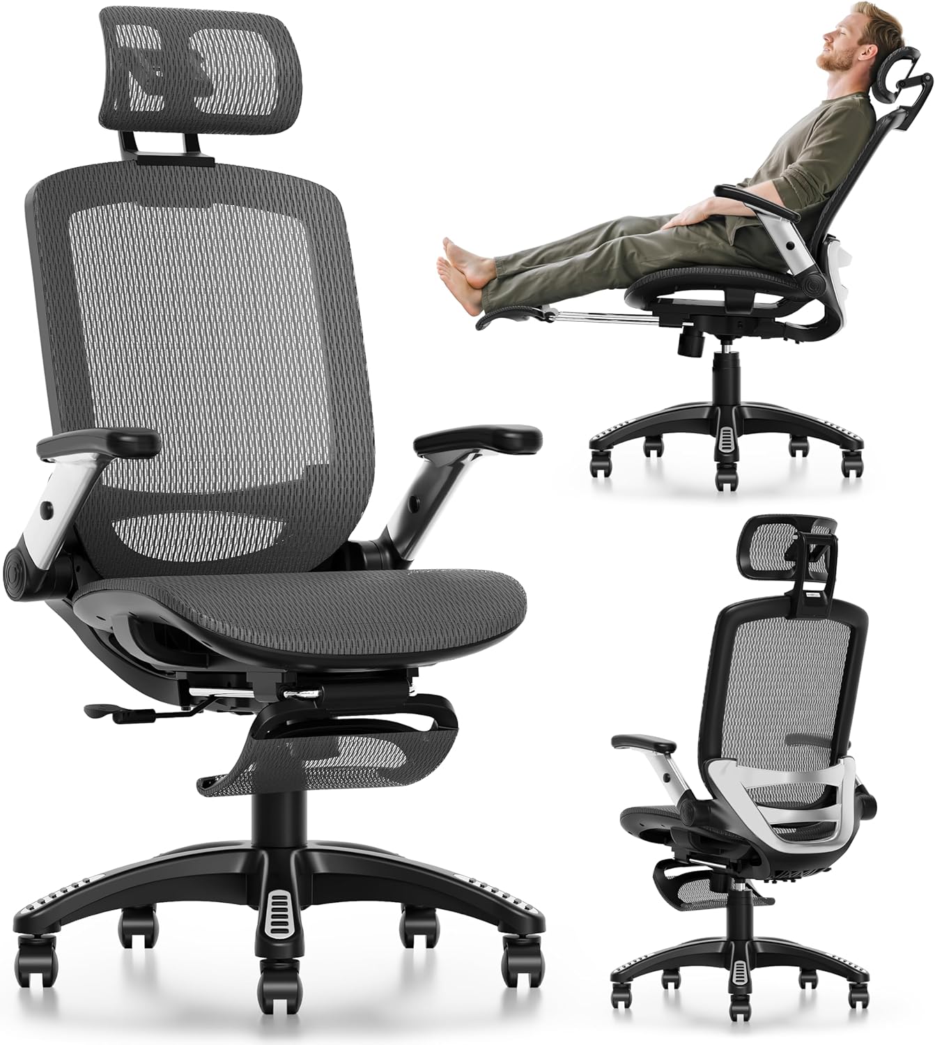 Ergonomic Office Chair, High Back Home Desk Chair with Headrest, Flip-Up Arms, 90-120° Tilt Lock and Wide Cushion, Big and Tall Mesh Chairs for Man Woman, Black Task Chair