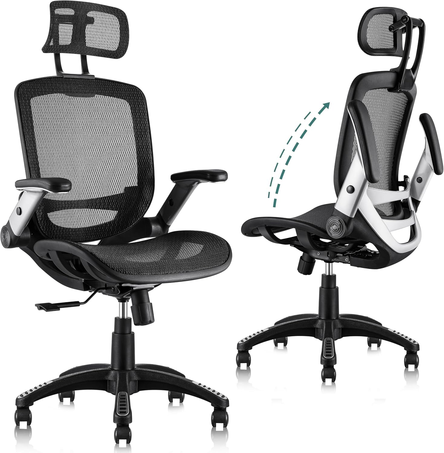 Ergonomic Office Chair, High Back Home Desk Chair with Headrest, Flip-Up Arms, 90-120° Tilt Lock and Wide Cushion, Big and Tall Mesh Chairs for Man Woman, Black Task Chair