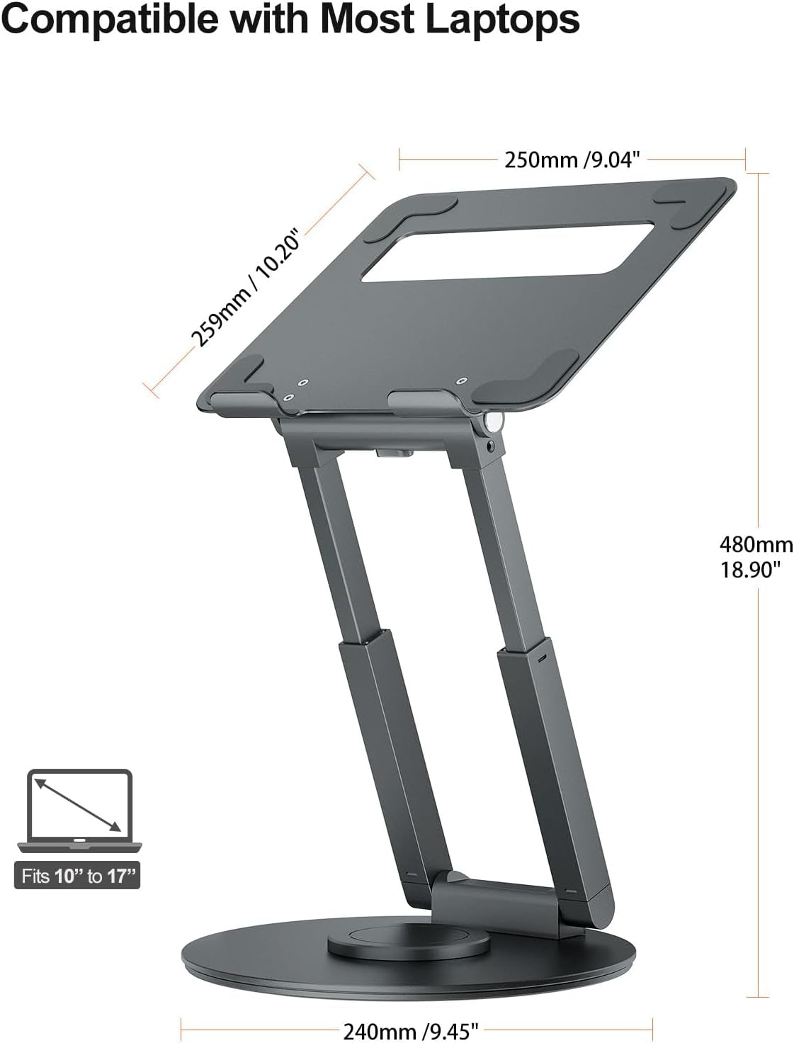Telescopic Laptop Stand for Desk with 360° Swivel Base, Sit to Stand, Height Adjustable, Portable Riser Holder for Good Posture, Compatible with Macbook Pro, All Laptops 10-17"-Gray