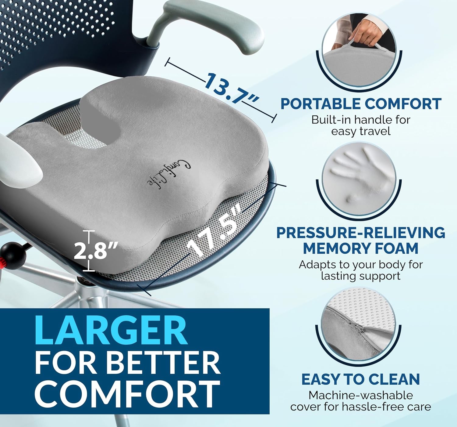 Gel Enhanced Seat Cushion – Office Chair Cushion – Non-Slip Gel & Memory Foam Coccyx Cushion for Tailbone Pain - Desk Chair Car Seat Cushions Driving - Sciatica & Back Pain Relief (Gray)