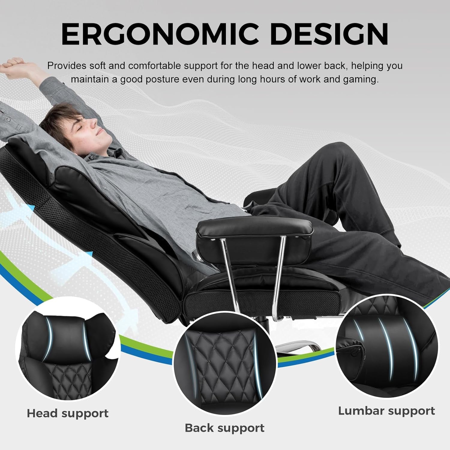 Office Chair with Pocket Spring Lumbar Support, Ergonomic Comfortable Wide Office Desk Computer Chair with Outward Fixed Soft Armrests and Footrest (PU Leather, Black)