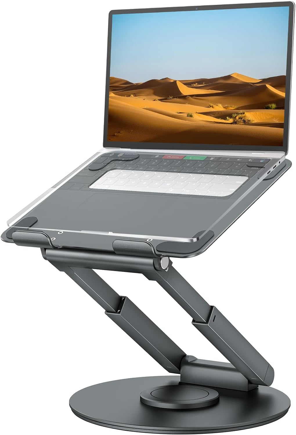 Telescopic Laptop Stand for Desk with 360° Swivel Base, Sit to Stand, Height Adjustable, Portable Riser Holder for Good Posture, Compatible with Macbook Pro, All Laptops 10-17"-Gray