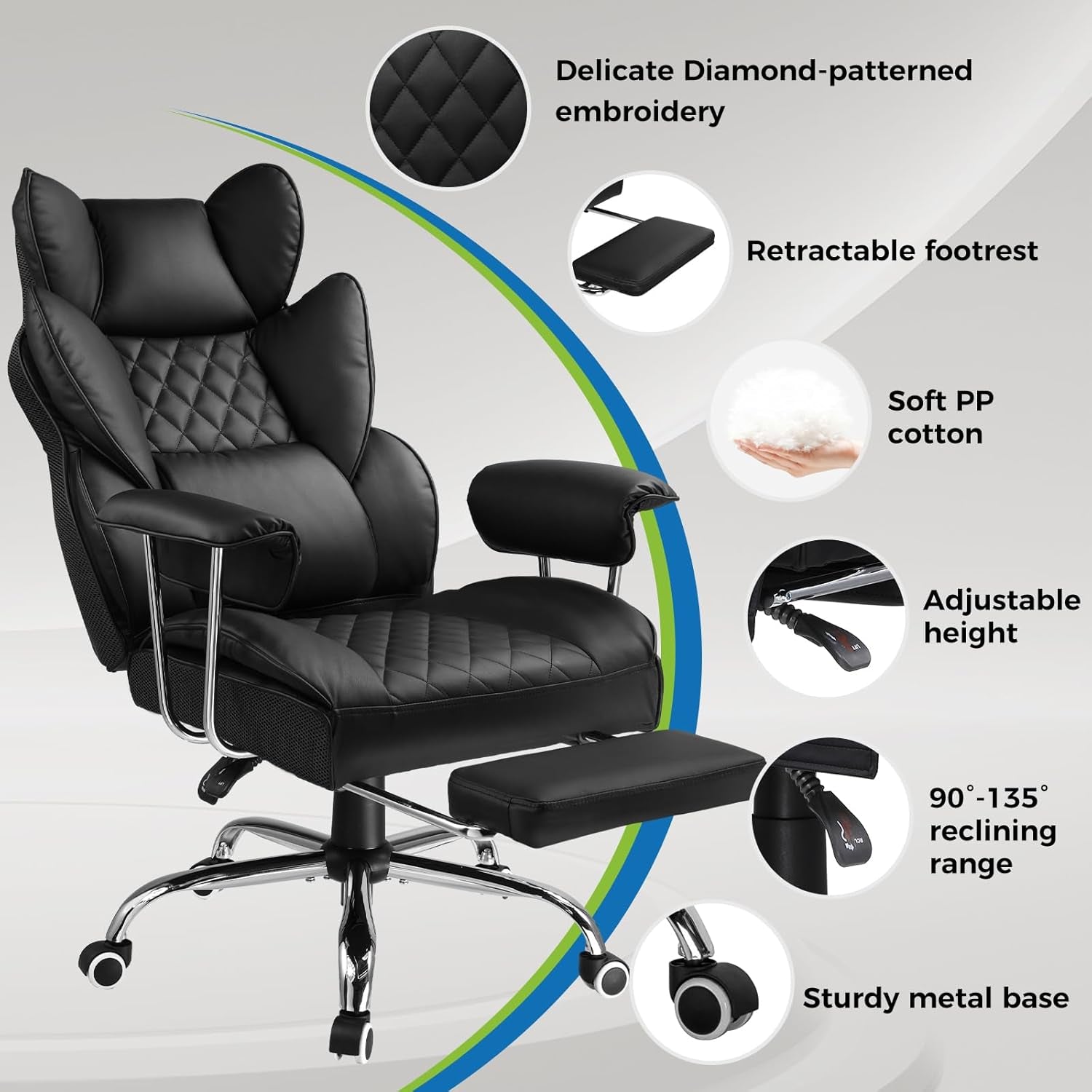 Office Chair with Pocket Spring Lumbar Support, Ergonomic Comfortable Wide Office Desk Computer Chair with Outward Fixed Soft Armrests and Footrest (PU Leather, Black)