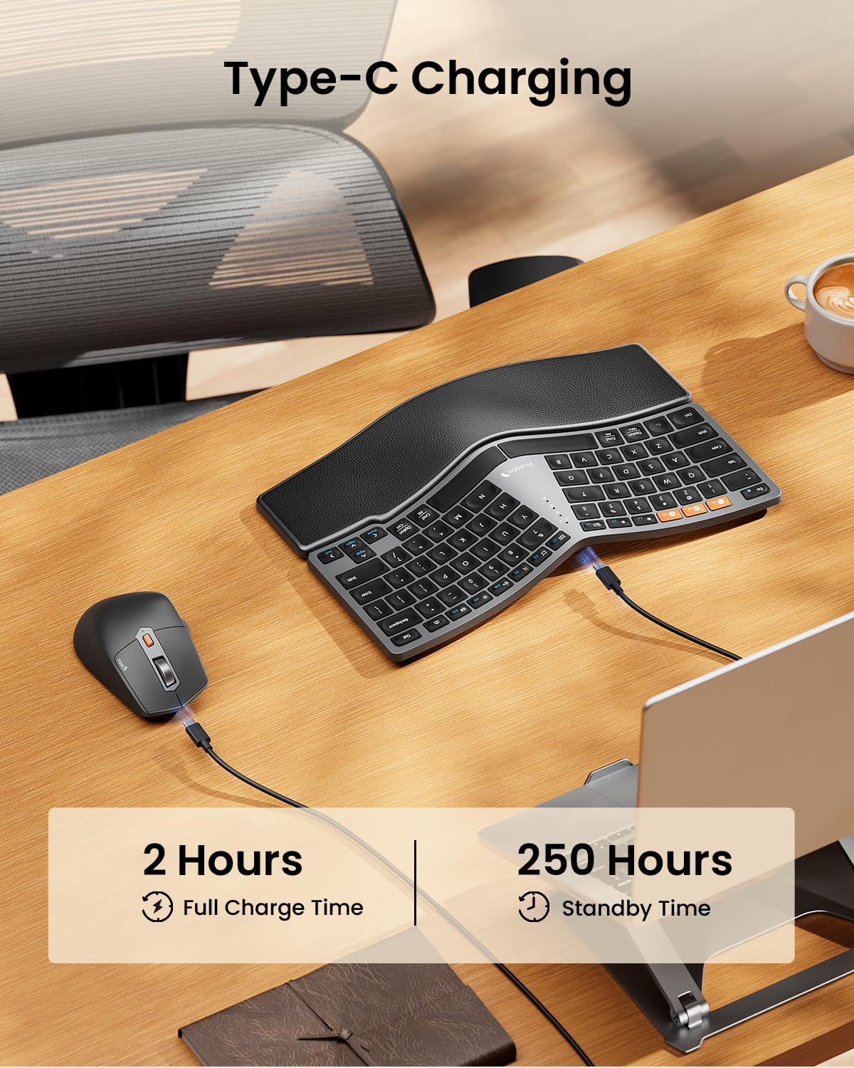 Bluetooth Ergonomic Keyboard Mouse, EKM04 Mini Compact Wireless Ergo Keyboard Mouse Combo, Split Design, Wrist Rest, Multi-Device, Rechargeable, Compatible with Windows/Mac/Android