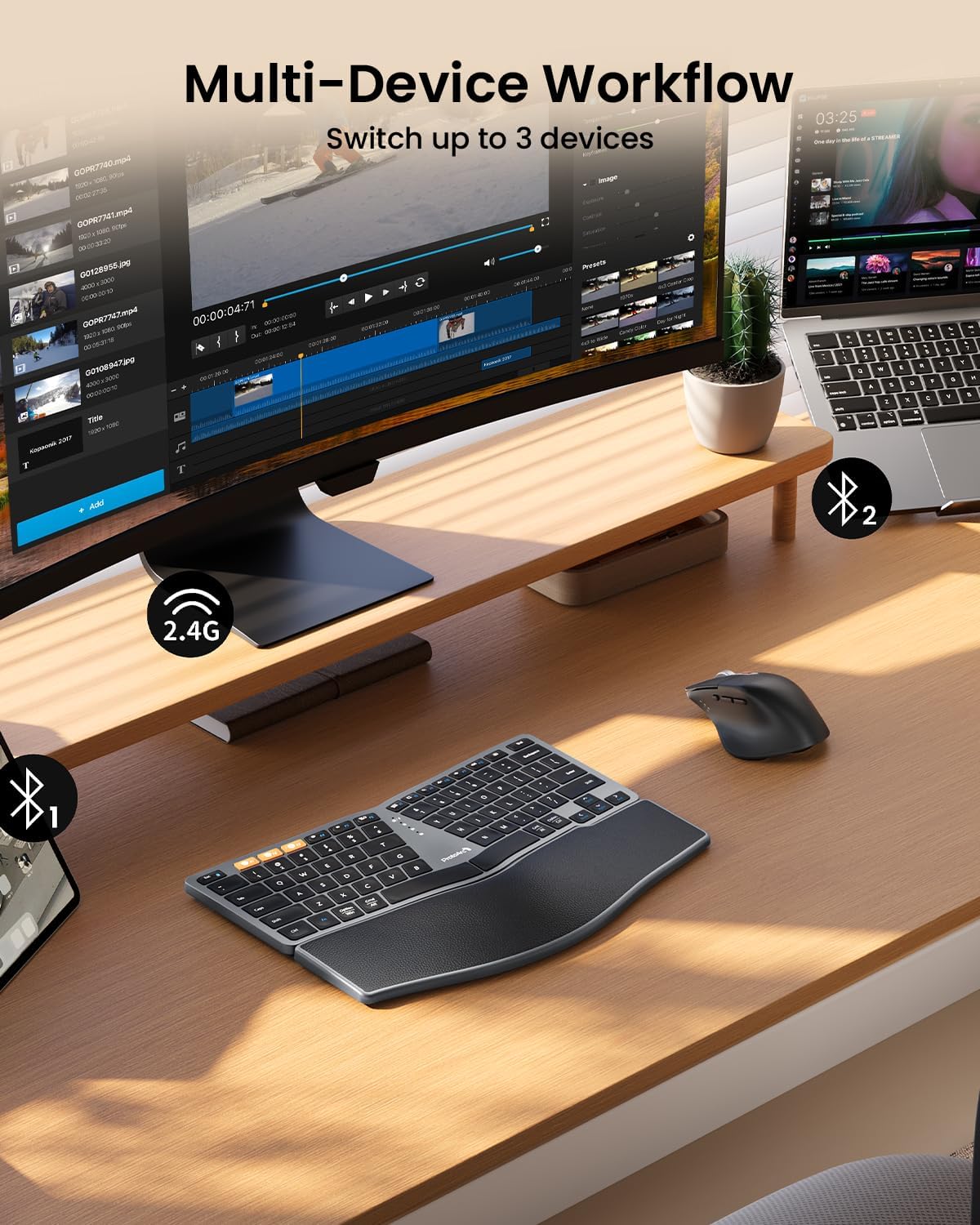 Bluetooth Ergonomic Keyboard Mouse, EKM04 Mini Compact Wireless Ergo Keyboard Mouse Combo, Split Design, Wrist Rest, Multi-Device, Rechargeable, Compatible with Windows/Mac/Android