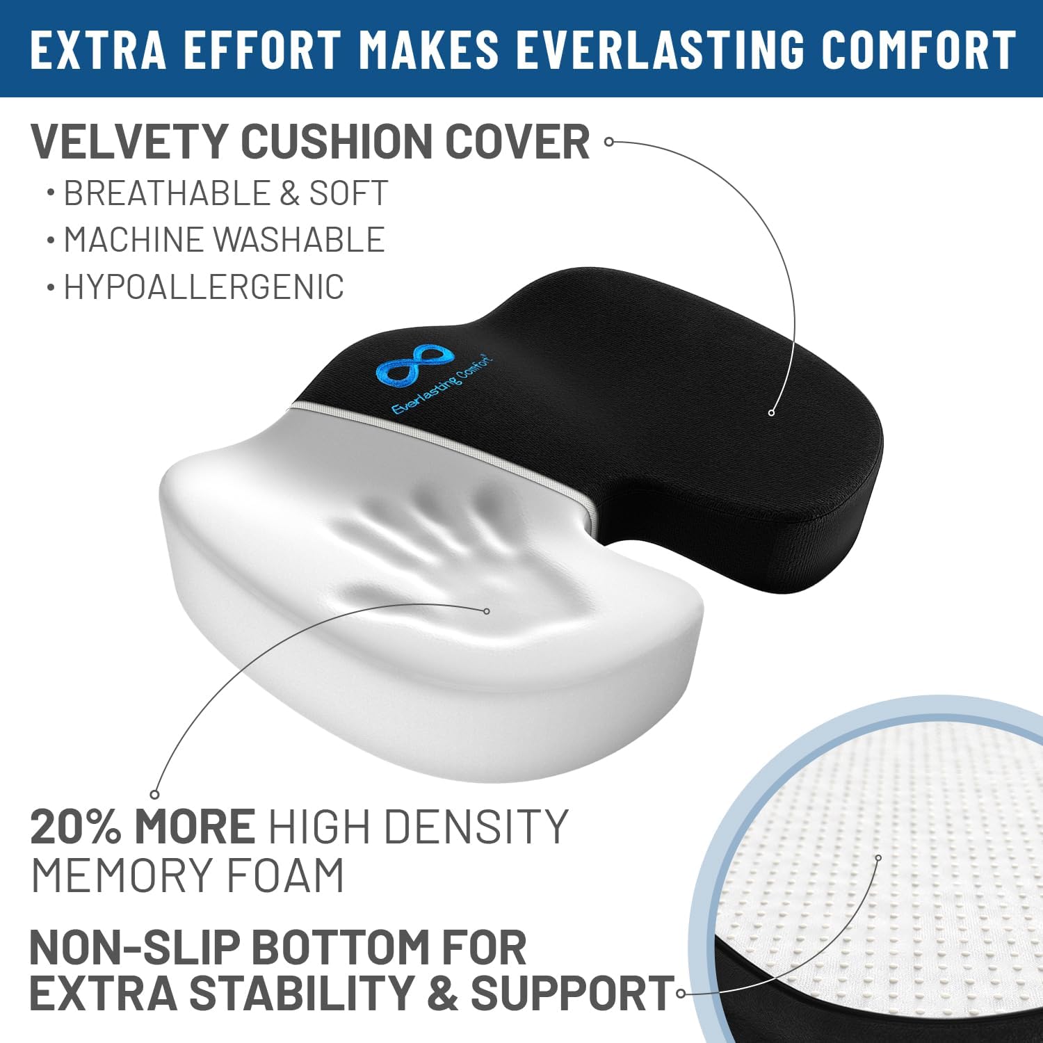 Comfort Doctor Recommended Memory Foam Seat Cushion for Office Chairs & Car Seat - Ergonomic Office Desk Accessories for Tailbone Pain Relief, Sciatica & Back Support