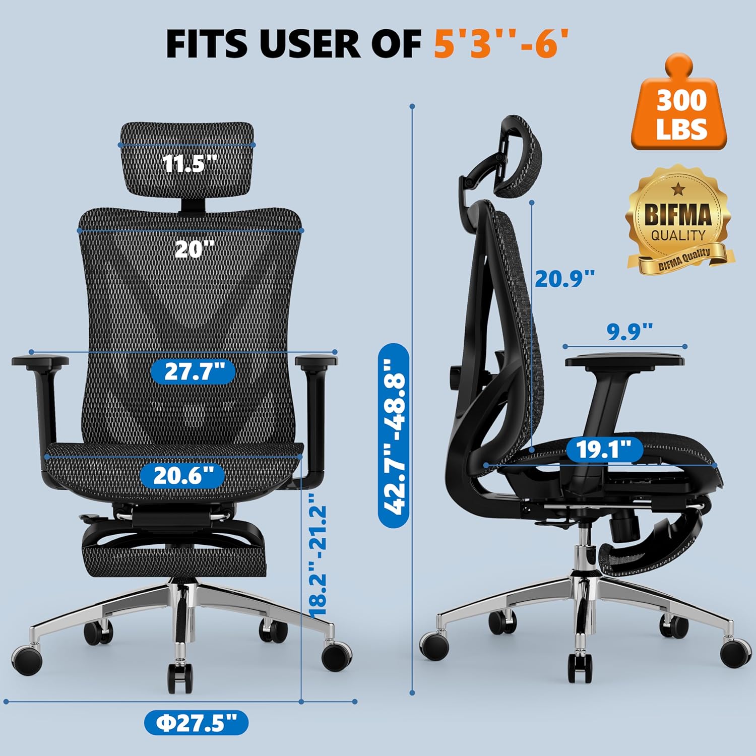 Ergonomic Office Chair with Adjustable Lumbar Support, 3D Armrests & Headrest, 135° Reclining Chair with Footrest & Large Steel Base,300LBS Swivel Desk Chair(GYMN01)