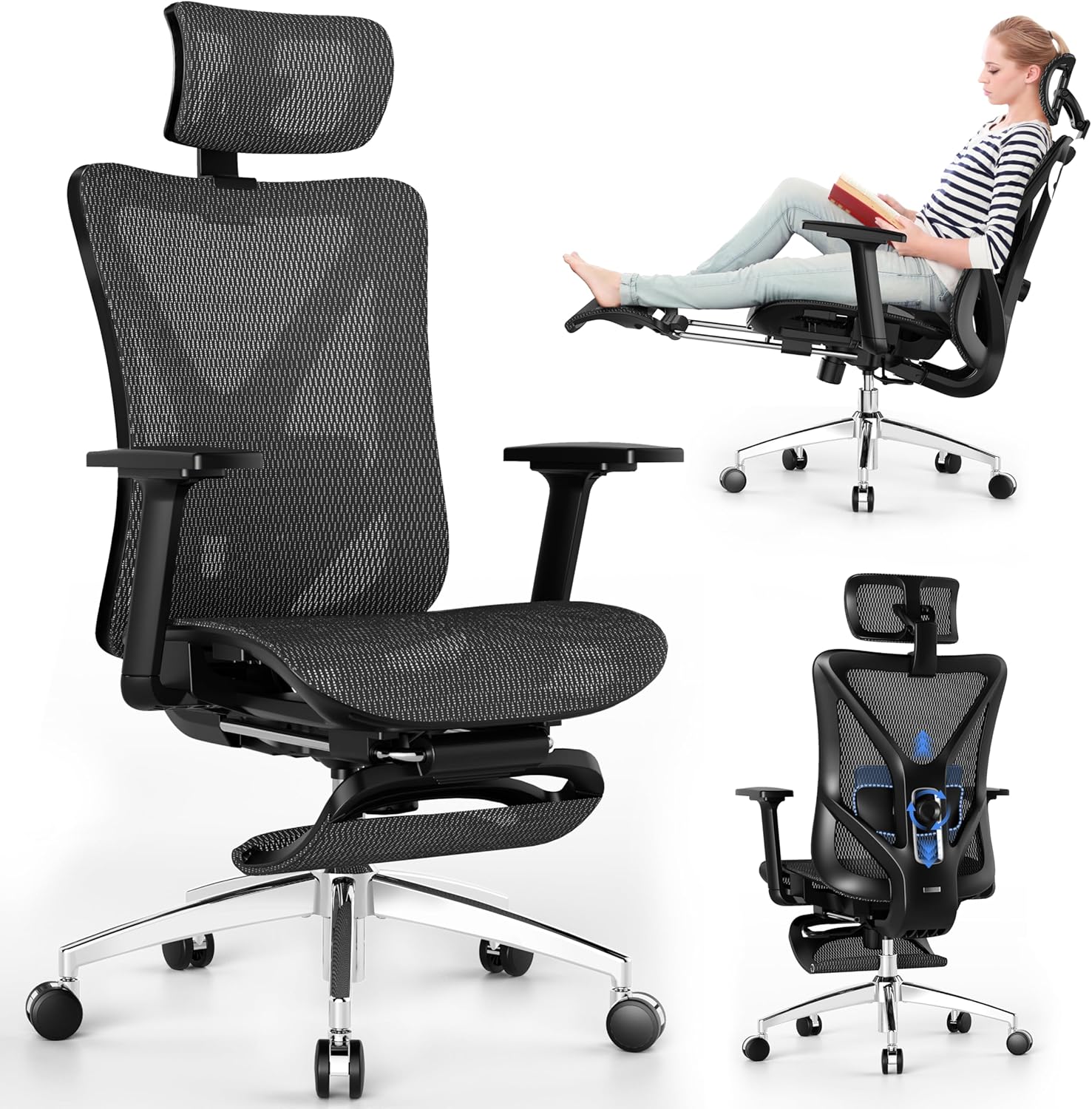 Ergonomic Office Chair with Adjustable Lumbar Support, 3D Armrests & Headrest, 135° Reclining Chair with Footrest & Large Steel Base,300LBS Swivel Desk Chair(GYMN01)
