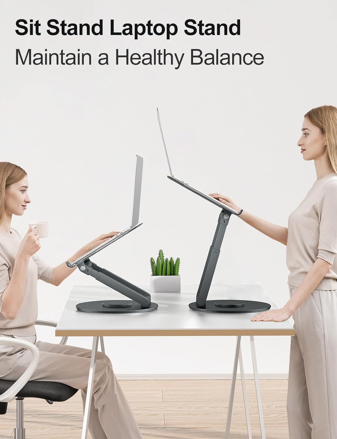 Telescopic Laptop Stand for Desk with 360° Swivel Base, Sit to Stand, Height Adjustable, Portable Riser Holder for Good Posture, Compatible with Macbook Pro, All Laptops 10-17"-Gray